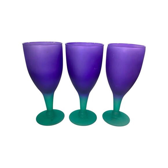Wine Water Goblet Frosted Purple Green Hand Blown Glass Stemware Set Of 3 Mexico - Picture 2 of 14